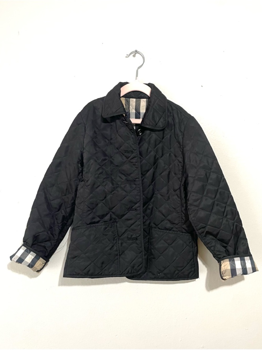Burberry Black Quilted Kids Pea Coat with Check Lining Size 8Y